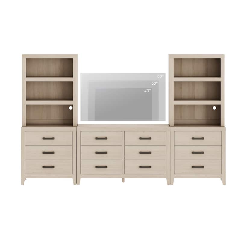 WAMPAT Farmhouse Entertainment Center with Bookshelves, Media Console & Storage Drawers