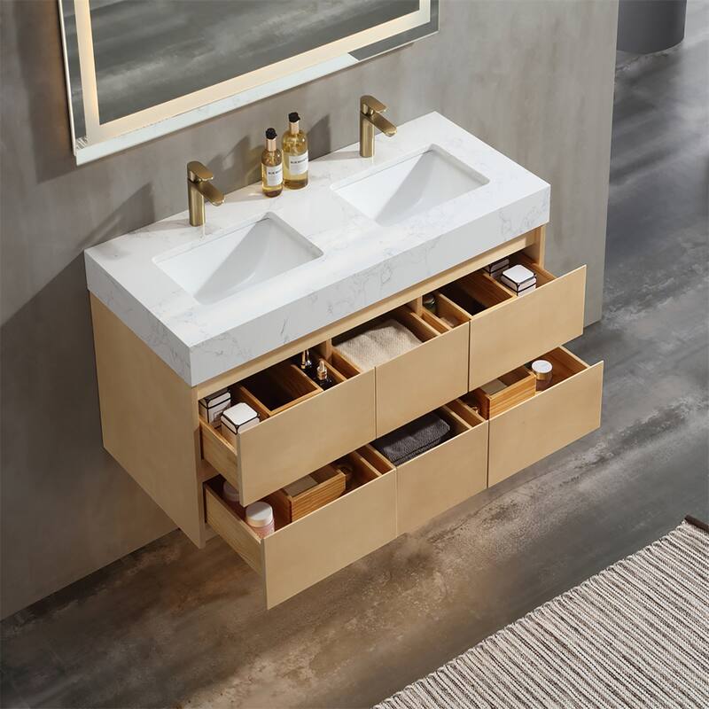 48 in./ 60 in. Solid Wood Wall-Mounted Bathroom Vanity Set in Maple with Engineered Stone Top and Ceramic Sink