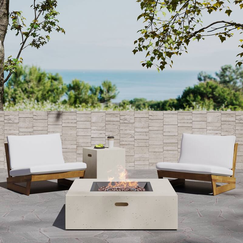 Sherwood Acacia Wood Outdoor Lounge Chairs and 50,000 BTU Square Propane Fire Pit by Christopher Knight Home - Teak/ White/ Light Gray