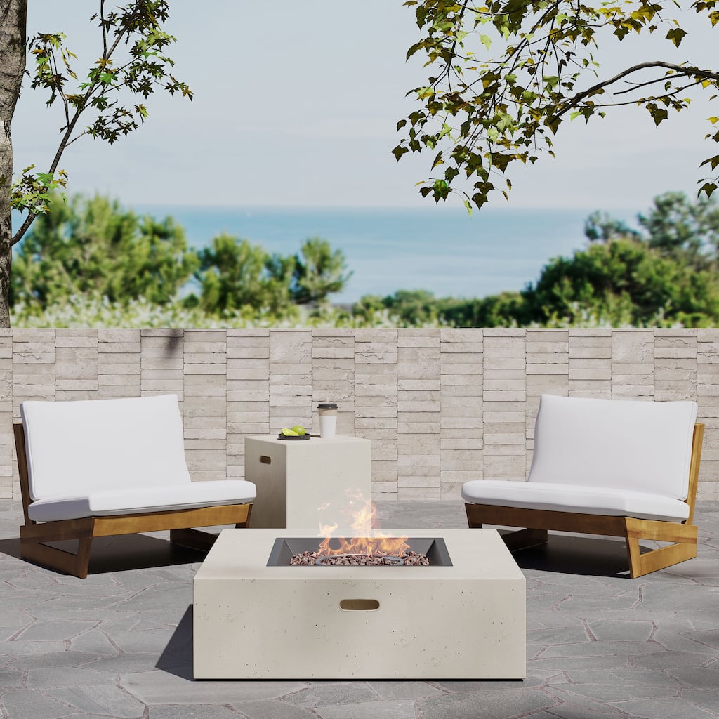 Sherwood Acacia Wood Outdoor Lounge Chairs and 50,000 BTU Square Propane Fire Pit by Christopher Knight Home