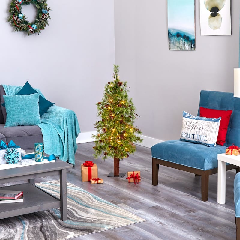 4ft. Alpine Artificial Christmas Tree with 50 Clear Multifunction LED Lights & Pine Cones - Petite Festive Holiday X-Mas Accent