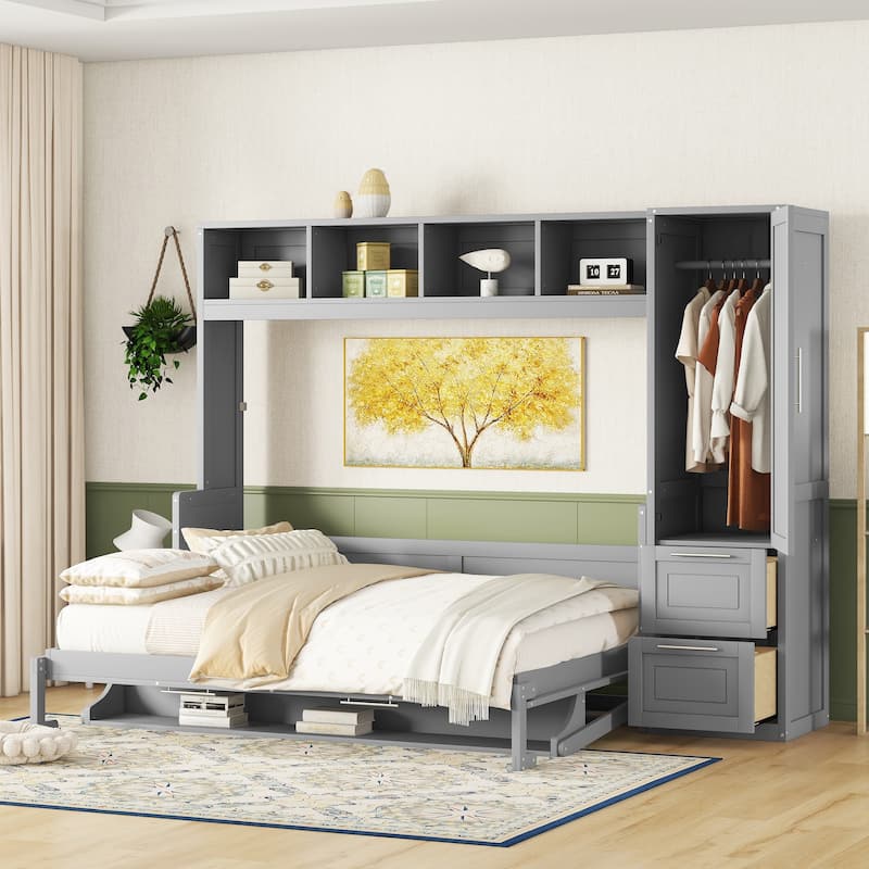 Queen Size Murphy Bed Wall Bed with Closet and Drawers