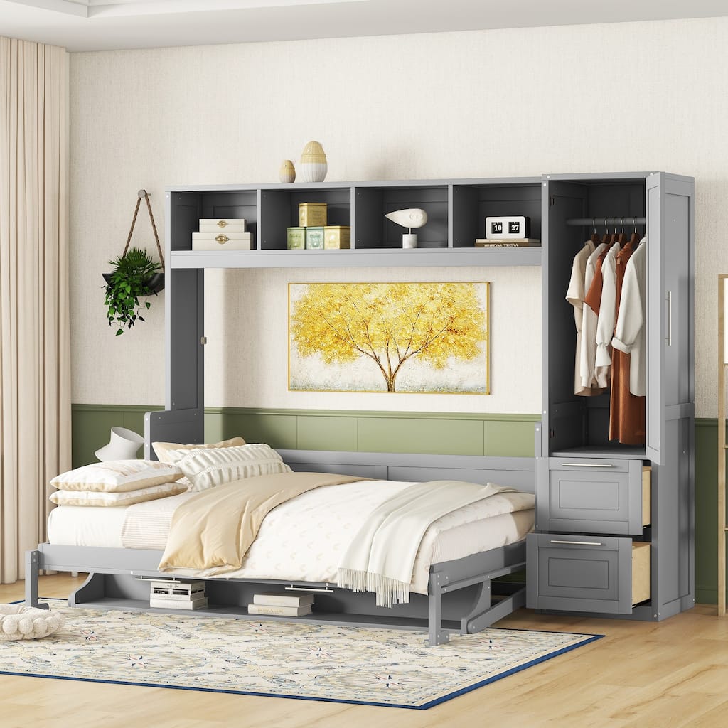 Queen Size Wall Bed with Closet and Drawers, Space-Saving Design, Gray