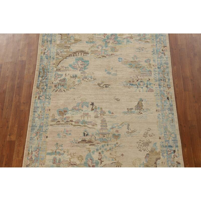 Beige Art Deco Turkish Runner Rug Handmade Wool Carpet - 4'10" x 14'1"