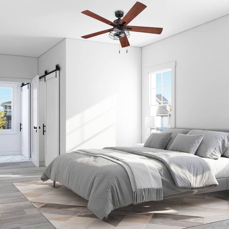 52" Prominence Home Marshall Matte Black Industrial Style LED Ceiling Fan with Light, Pull Chain
