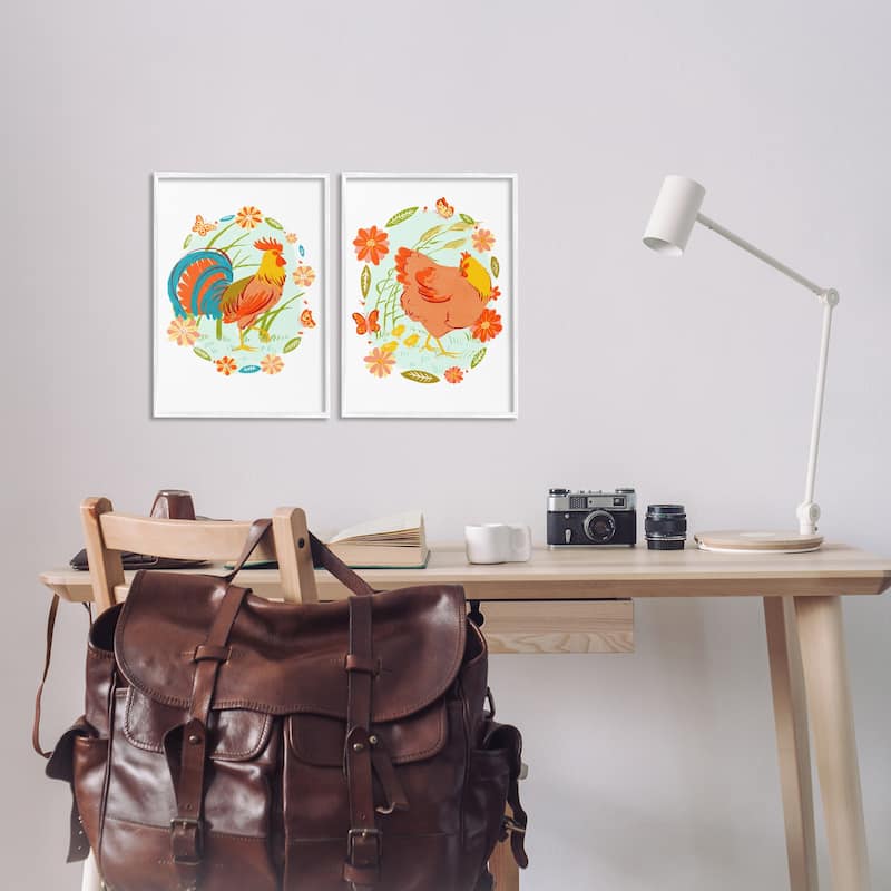 Stupell Rooster & Hen with Florals Framed Giclee Art Design By Hannah Moren (Set of 2)