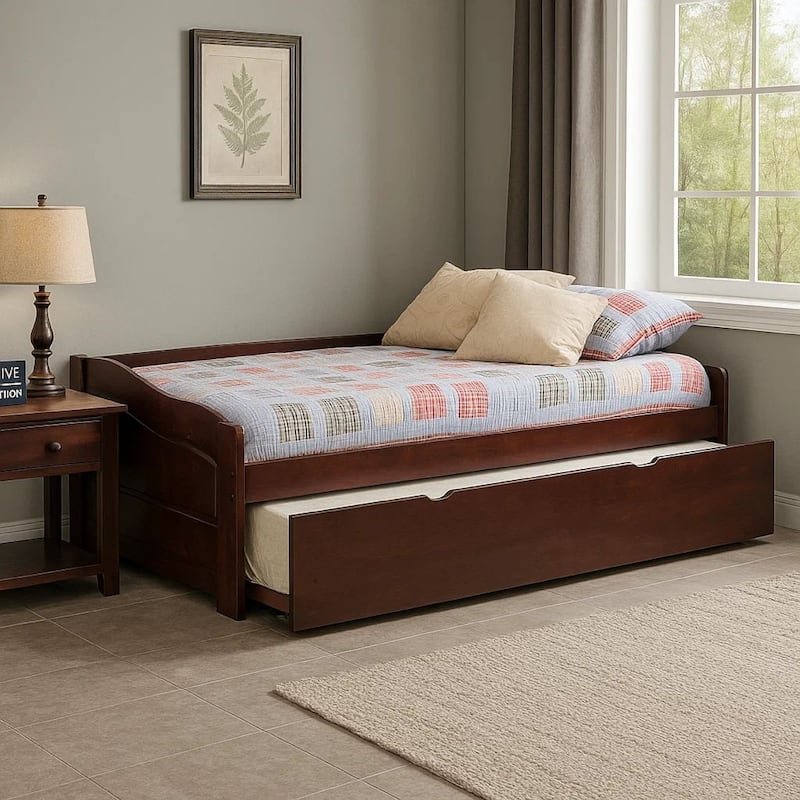 Transitional Wooden Trundle Bed with Bottom Pull Out Bedding, Brown