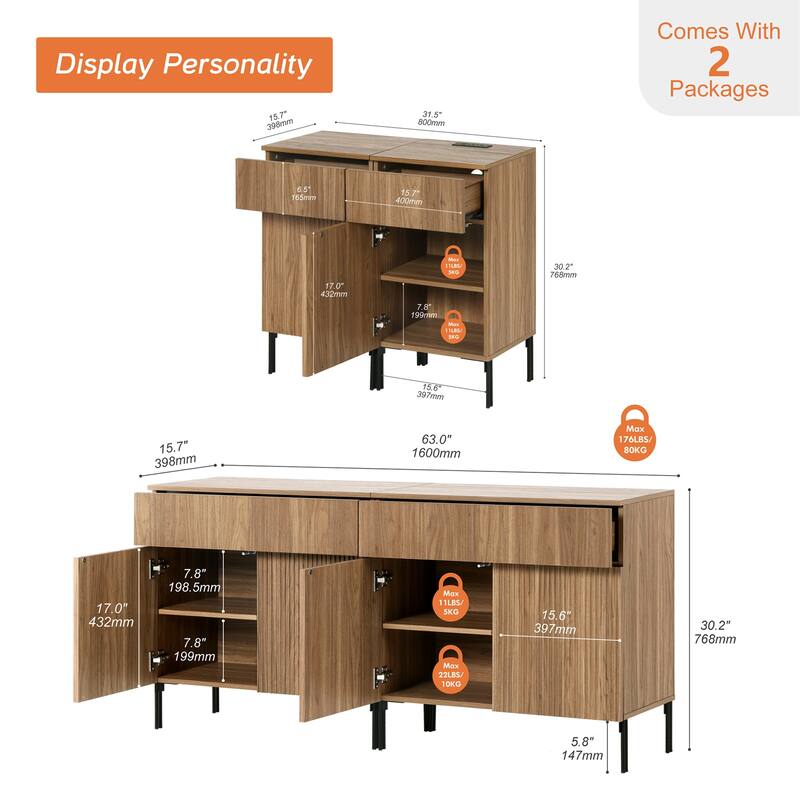 4 Pcs Bedroom Set，Reeded Dresser and Nightstand Sets for Bedroom, Night Stand of 2 with Charging Station