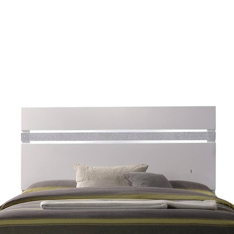 Wooden queen size bed with block legs and Crystal Accented Headboard, White