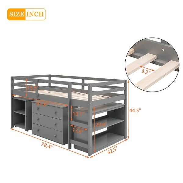 dimension image slide 5 of 6, Low Study Twin Loft Bed with Cabinet and Rolling Portable Desk, White