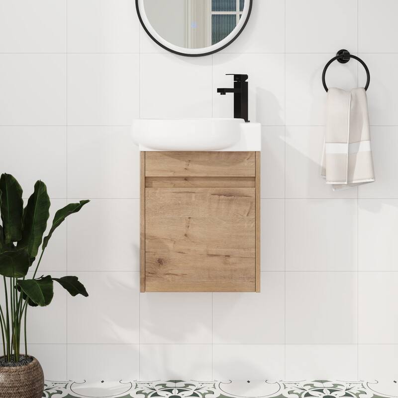 ARTCHIRLY 16/23 Inch Bathroom Vanity with Sink, Floating/Freestanding Bathroom Vanity with Soft Close Door - 16''W - Imitative Oak
