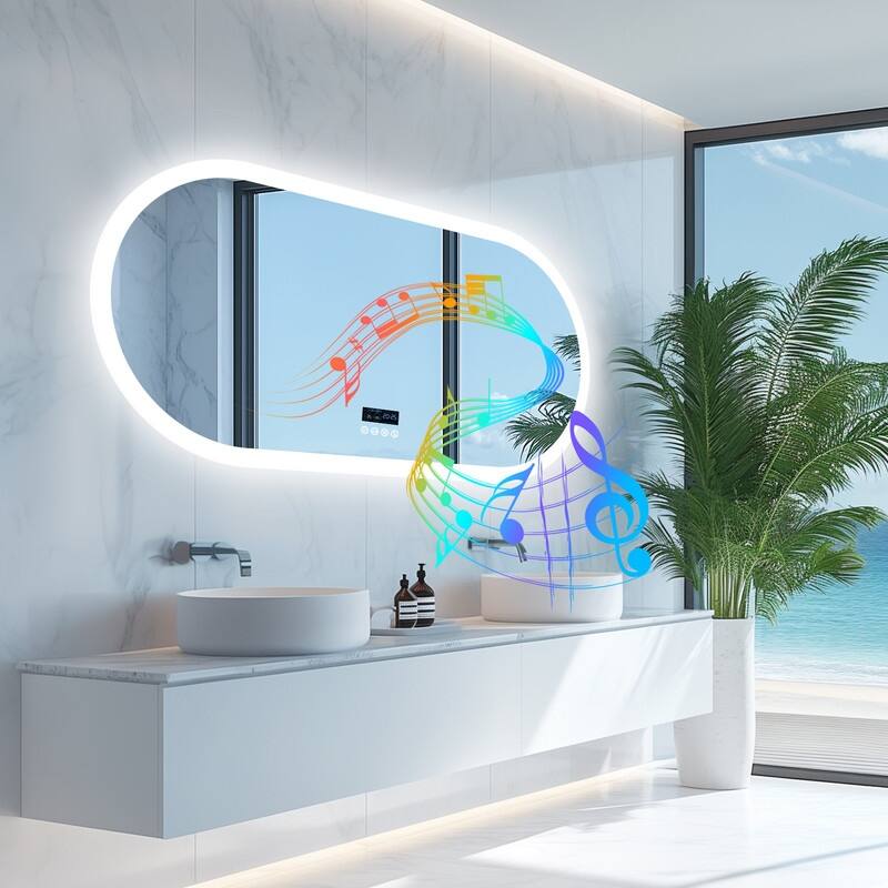 Oval LED Bathroom Mirror with Lights, Anti-Fog, Bluetooth Speaker, 3 Colors, Dimmable, Memory