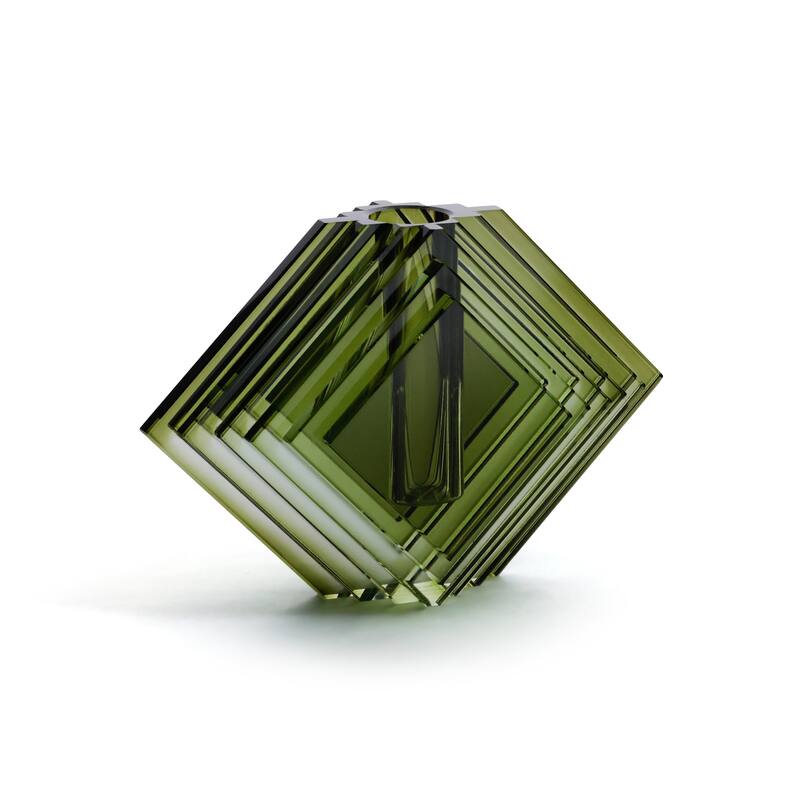 Crystal Glass Vase with Stacked Concentric Diamond Motif - Green - Large