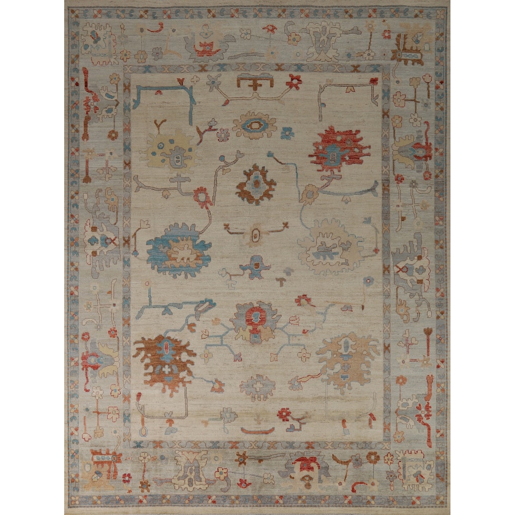 Hand Knotted Oriental 100% Wool Carpet Transitional All-Over Beige & Ivories Oushak Area Rug - 9' 11'' X 8' 2''