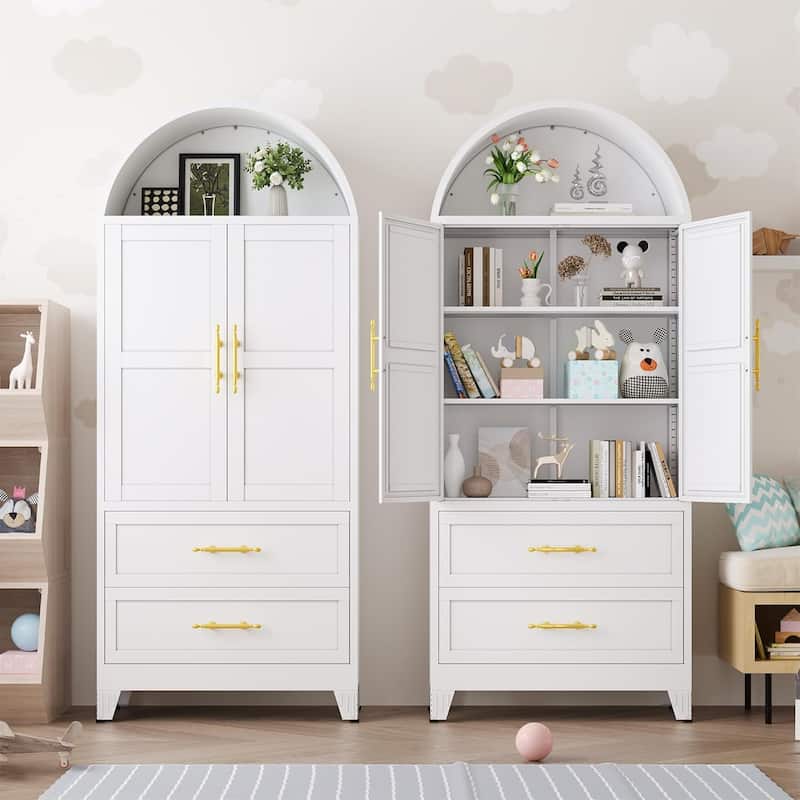 73"H Metal Tall Arched Kitchen Pantry Storage Cabinet with 2 Door and Drawer