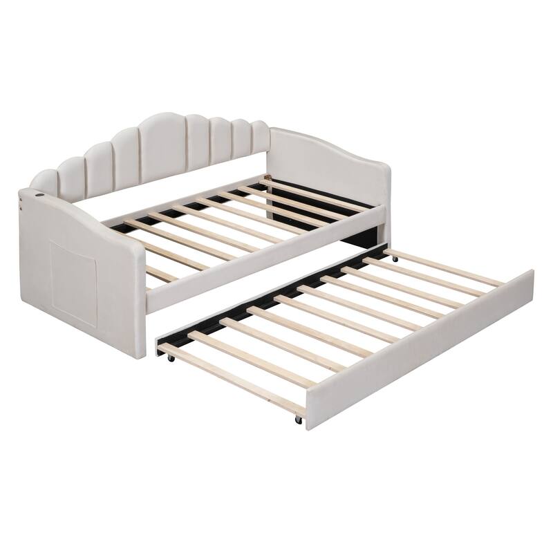 Twin Size Daybed with Trundle, Upholstered Twin Daybed Frame, Velvet Sofa Bed with USB Charging Ports, No Box-Spring Needed