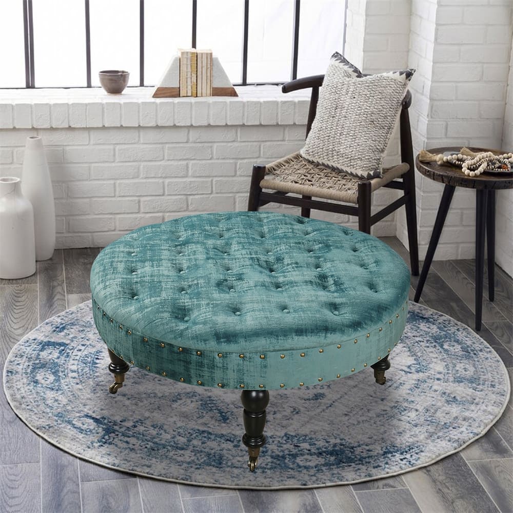 Round Velvet Tufted Coffee Table Ottoman, 34" x 34" x 17" H