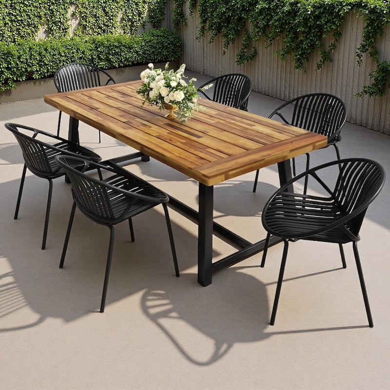 7-Piece Outdoor Dining Set with Acacia Wood Tabletop and 6 Stackable Chair - Black,Teak