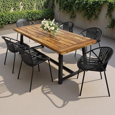 7-Piece Outdoor Dining Set with Acacia Wood Tabletop and 6 Stackable Chair