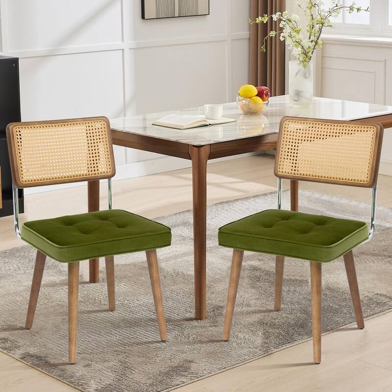 Mid-Century Modern Upholstered Dining Chair with Checkered Hollow Rattan Backrest and Padded Cushion - Green - 2-Piece