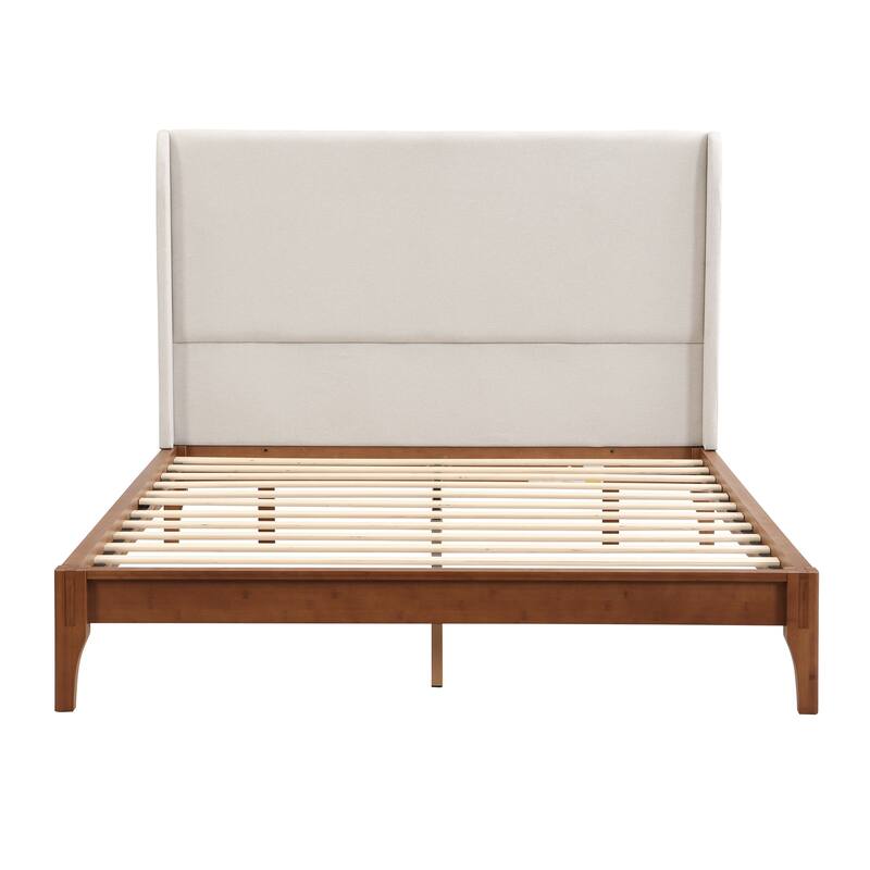 Wood Queen/King Size Platform Bed with Upholstered High Headboard