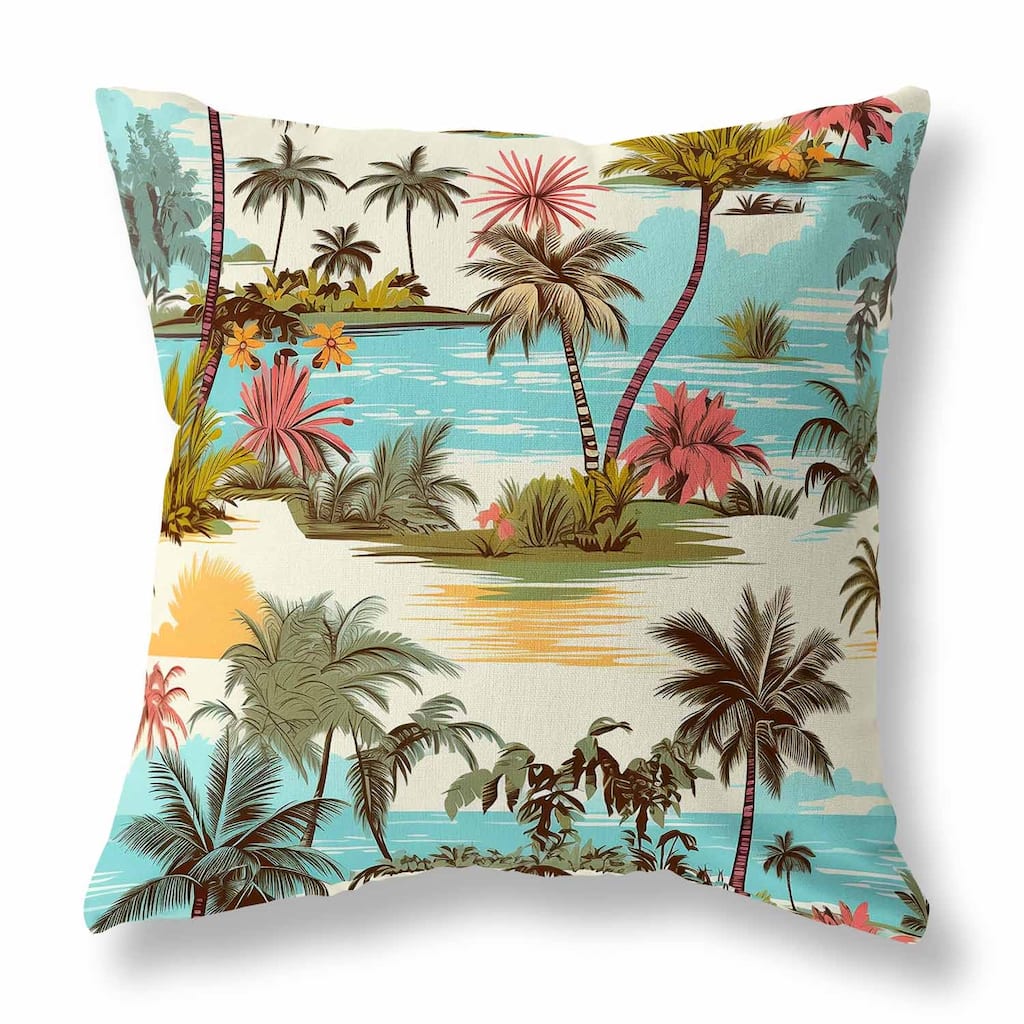 Blue And Pink Tropical Beach Indoor/Outdoor Throw Pillow Zipper