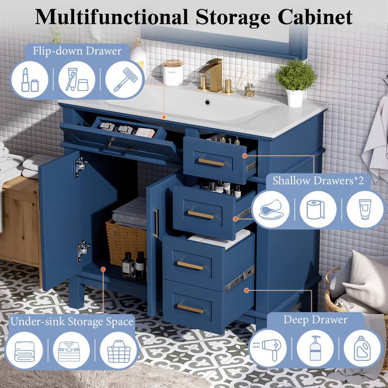 36 Inch Modern Bathroom Vanity with Ceramic Sink, Freestanding Cabinet with Soft Close Doors and 4 Drawers