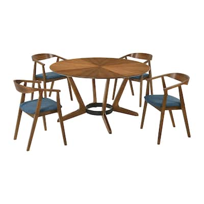Alana 5 Piece Round Dining Table Set, Walnut Brown Wood, 4 Blue Chairs