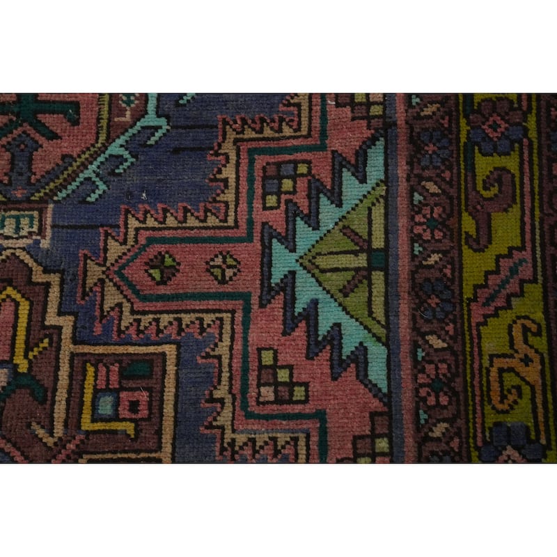 Hand Knotted Oriental 100% Wool Carpet Traditional Geometric Navy Blue & Blues Heriz Runner Rug - 14' 3'' X 3' 5''