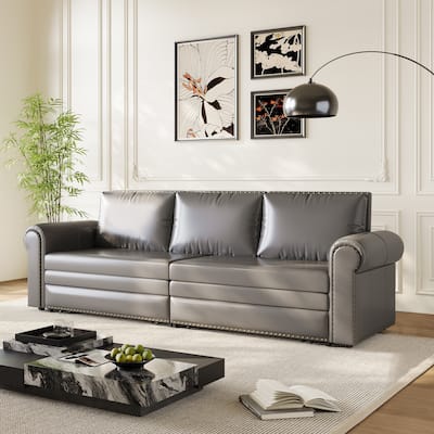 Chesterfield Sofa, 93.7" Faux Leather Convertible Sleeper Sofa Bed, Vintage 3-in-1 Pull Out Couch w/ Nailhead Trim & Rolled Arms