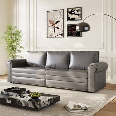 King Pull Out Sofa Bed, 3-in-1 Convertible Leather Sleeper Sofa, Chaise Lounge Daybed with Nailhead Trim & Rolled Arm