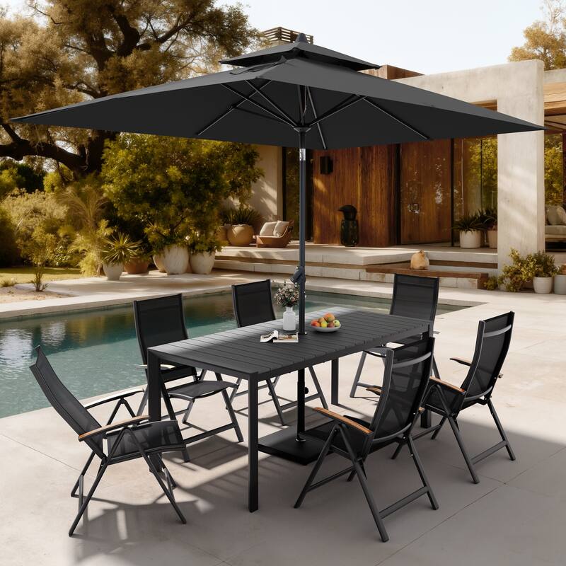 9-Piece Outdoor Patio Dining Set Wood Like Aluminum Umbrella Hole Table with Folding Chairs, Market Umbrella and Base - GreyTable&BlackChairs&BlackUmbrella
