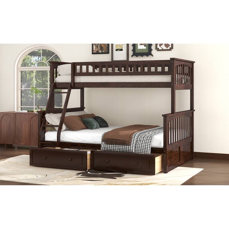 Wooden Storage Bunk Bed Frame with Fence-shaped Guardrails and Pull-out Drawers, Convertible 2 Platform Beds, Detachable Design