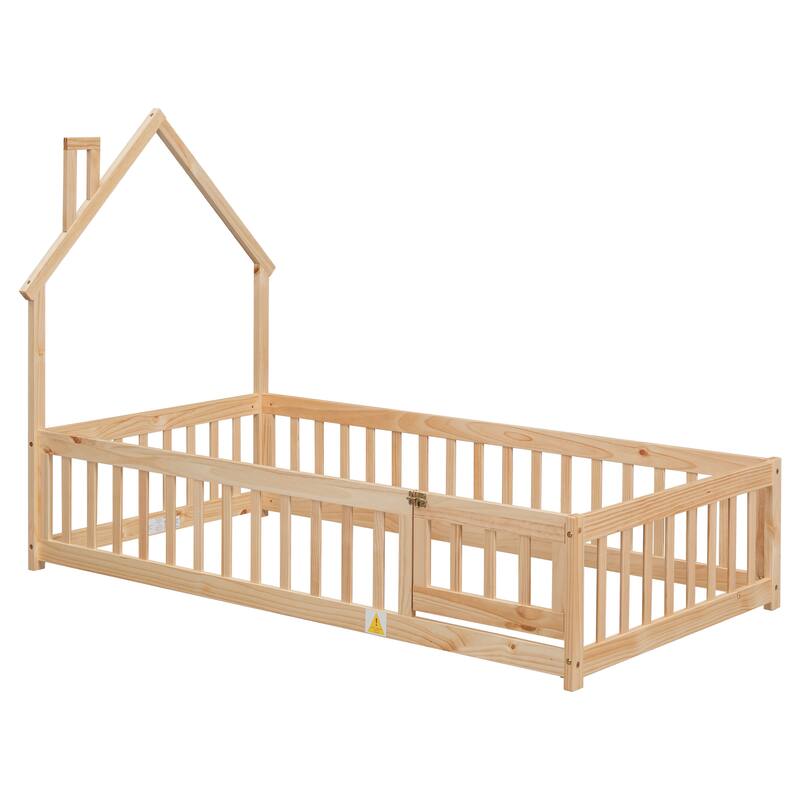 Natural Twin Size Pine House-Shaped Headboard Floor Bed with Fence