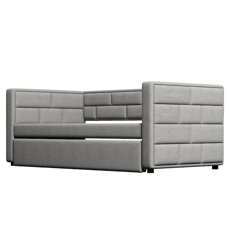 Roomfitters Twin Size Upholstered Daybed with Trundle and Padded Backrest, Gray