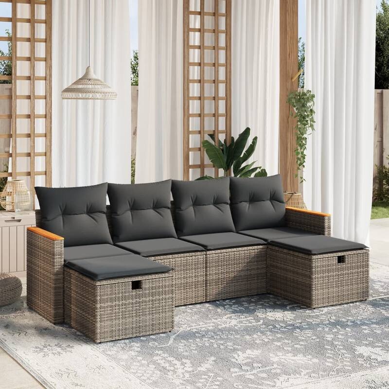 vidaXL Patio Sofa Set with Cushions Outdoor Furniture 6 Piece Poly Rattan - Gray - 24.4 x 24.2 x 27.2 in