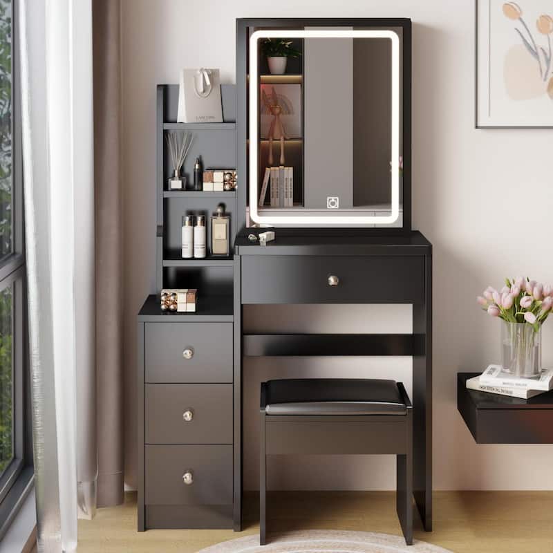 Left Bedside Cabinet Makeup Vanity Table Set with Stool and LED Mirror