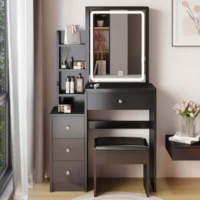 Left Bedside Cabinet Makeup Vanity Table Set with Stool and LED Mirror