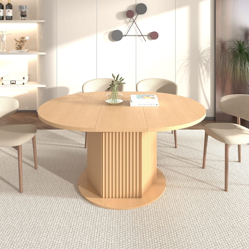 Round Dining Table for 4-6 People, Kitchen Table with Bump Texture Base, Wooden Dinner Table for Dining Room Family Gathering - Light Brown