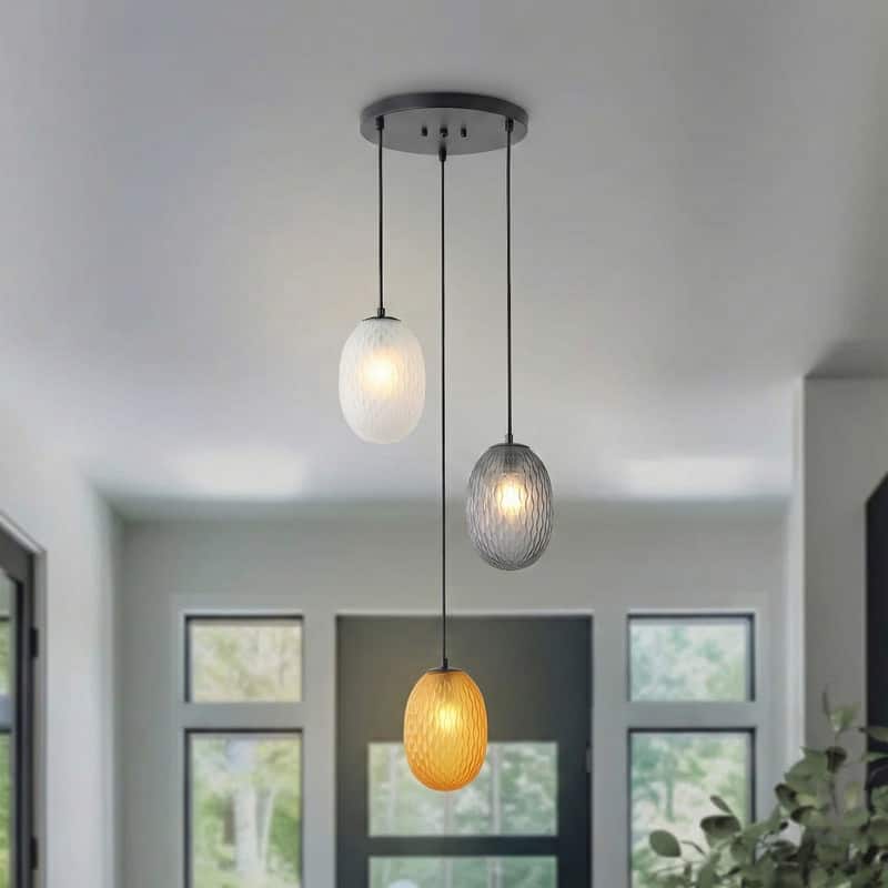 3-Light Modern Glass Pendant Light Cluster with Matte Black Canopy for Dining Room & Entryway