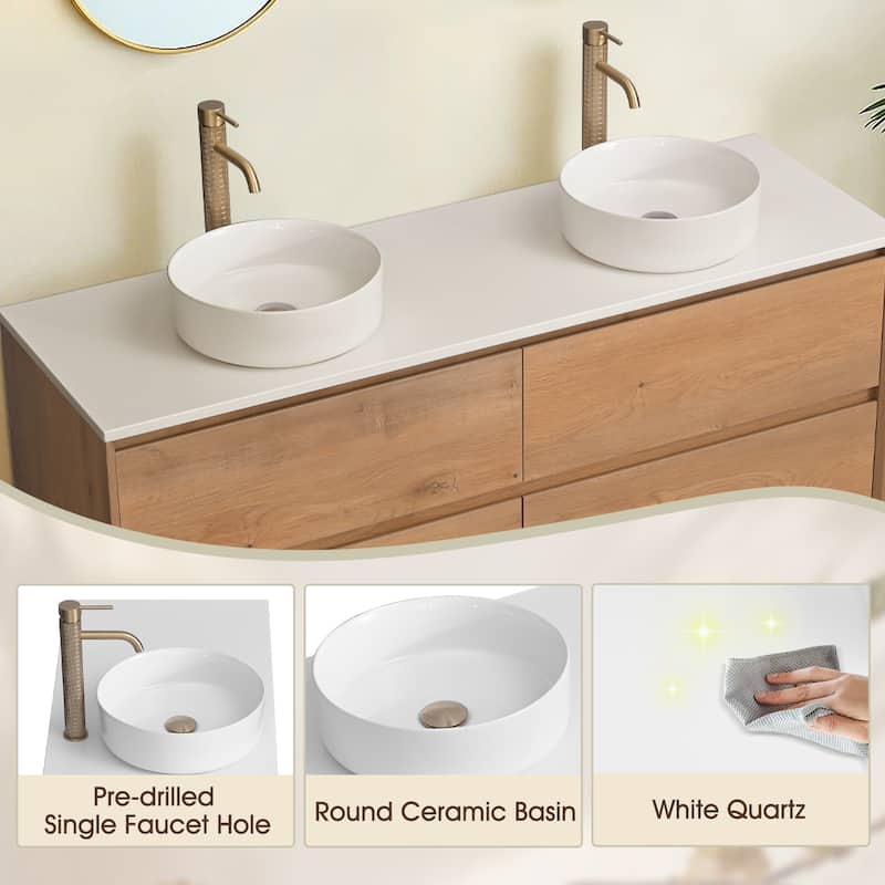 60" Floating Bathroom Vanity Quartz Counter Top with Double Ceramic Vessel Sink