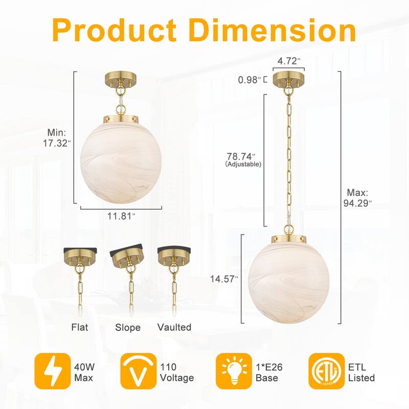 Brushed Gold Pendant Light with Marbled Glass Globe Kitchen Bedroom - Dia.11.81-in