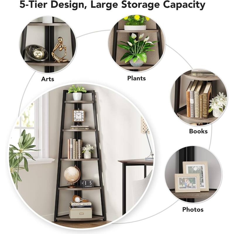 70 inch Tall Corner Shelf, 5 Tier Bookshelf Bookcase, Modern Corner Ladder Shelf Plant Stand for Living Room