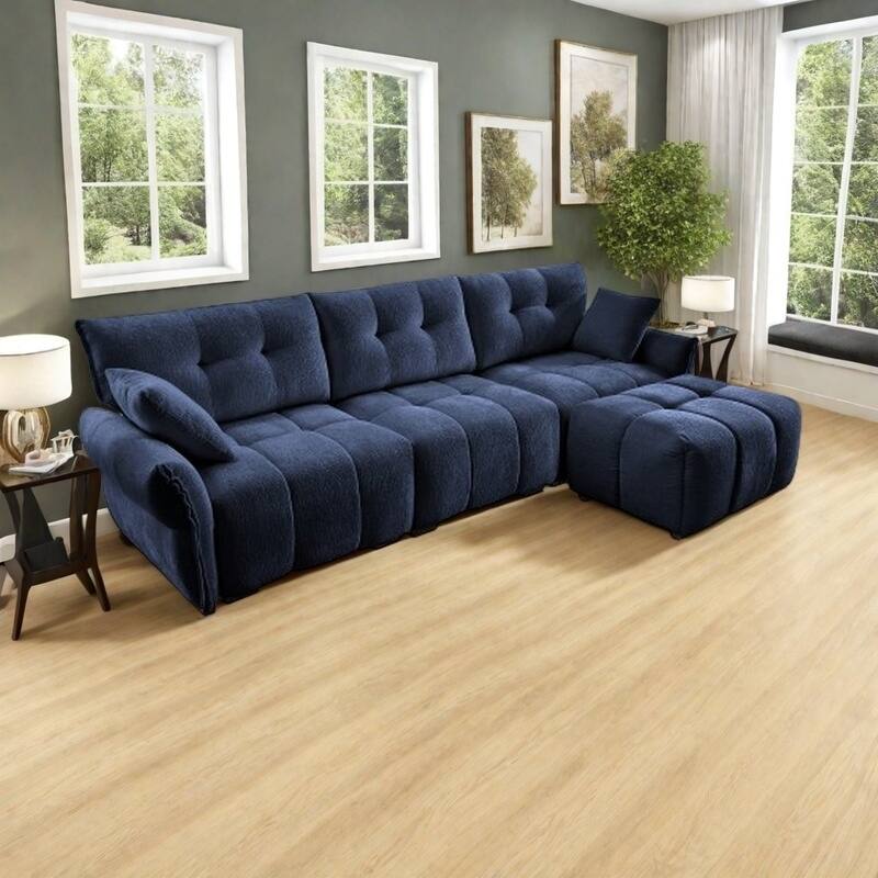 Modular 4-Seat Chenille Sofa Set with 2 Ottomans, High-Resilience Cushions and Solid Wood Frame - 3 Seater with Ottoman Blue