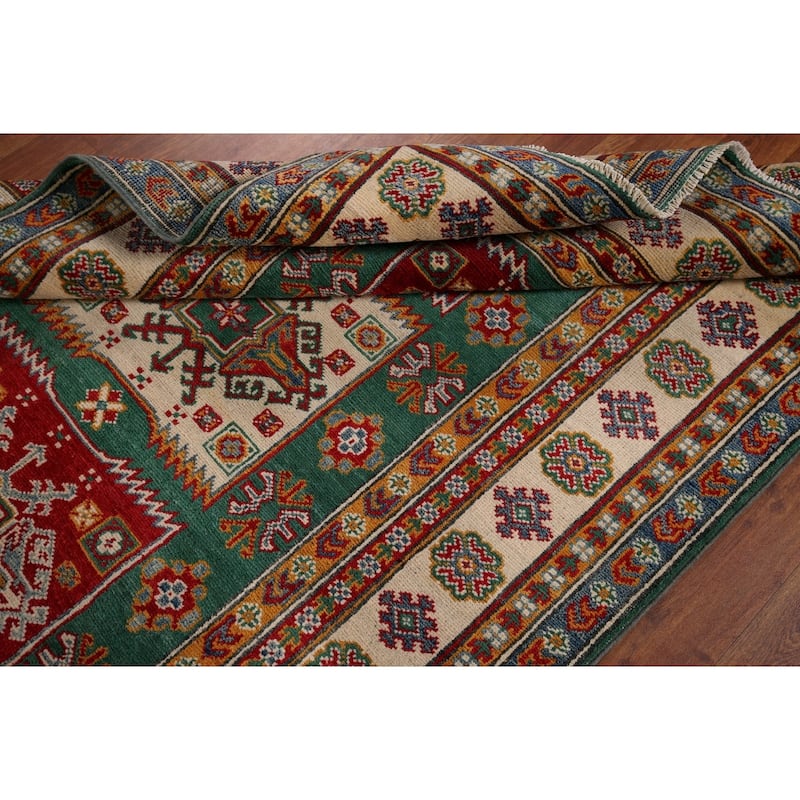 Green Geometric Kazak Oriental Area Rug Handmade Wool Carpet - 3'11" x 5'9"