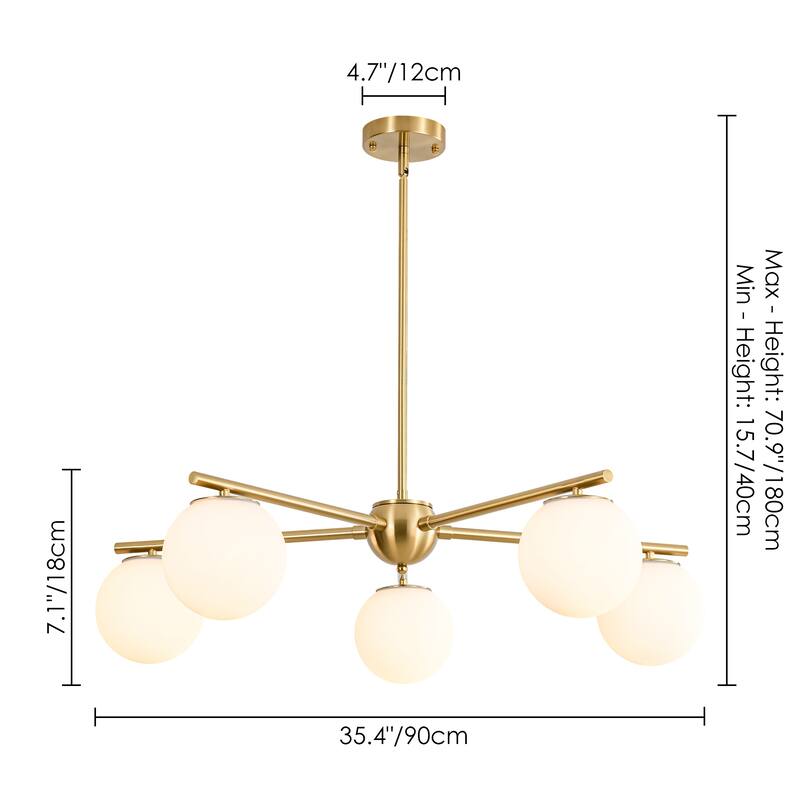 5-Light Brass Globe Chandelier, Modern Mid-Century Pendant for Living Room & Dining Room - 5 Light