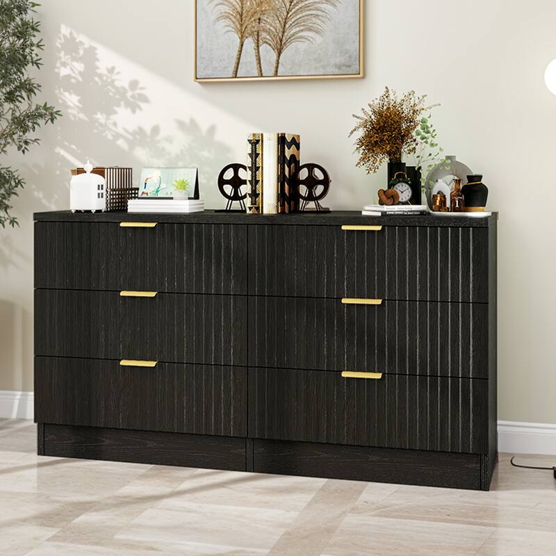 Moasis 6-drawer Dresser Double Chest of Drawer Dresser with Fluted Panel - Black - 6-drawer