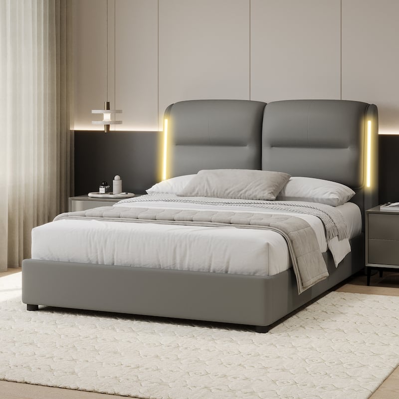Roomfitters Upholstered Queen Size Hydraulic Platform Bed with Lift Up Storage and Sensor LED Lights,PU Leather Bed Frame - Gray - Queen