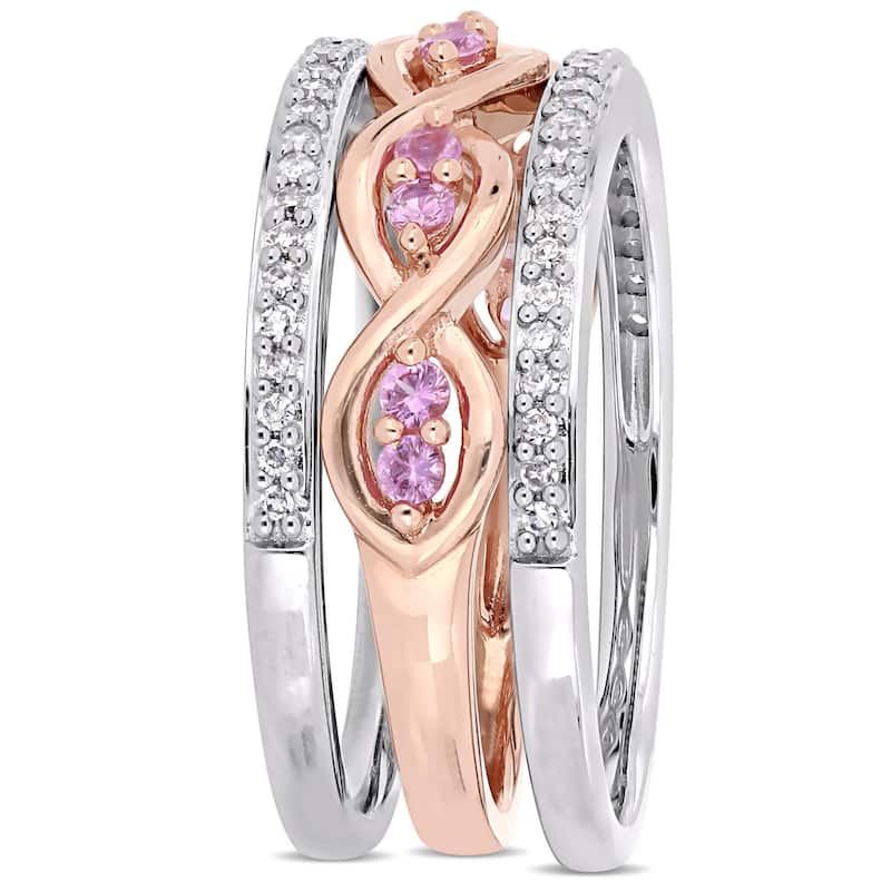 Miadora 1/4ct TDW Diamond Pink Sapphire 3-Piece Infinity Ring Set in 14k Two-Tone Gold