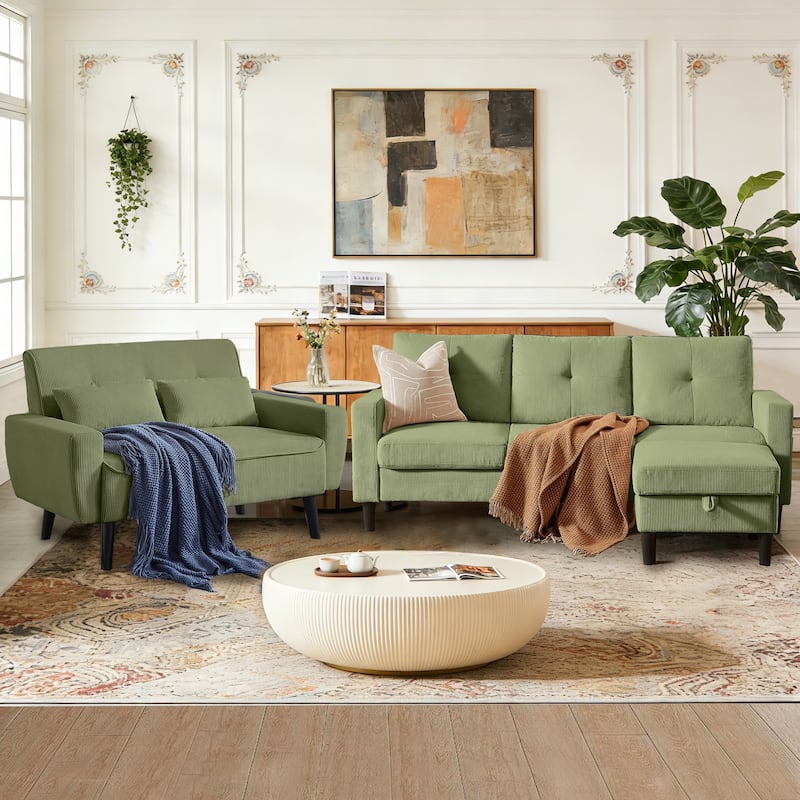 79.14" Corduroy 3 Piece Living Room Set with Sofa,Storage Ottoman and Loveseat - Green